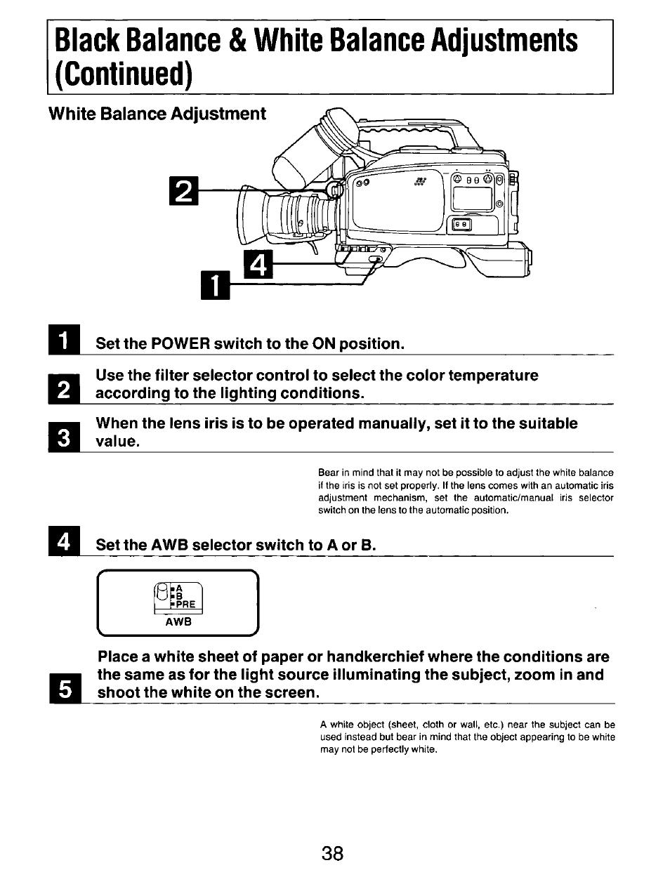 White balance adjustment | Panasonic AG-DP800HP User Manual | Page 38 / 80