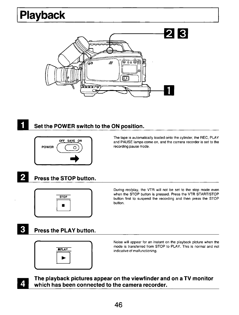 Set the power switch to the on position, Press the stop button, Press the play button | Panasonic AG-DP800HP User Manual | Page 46 / 80
