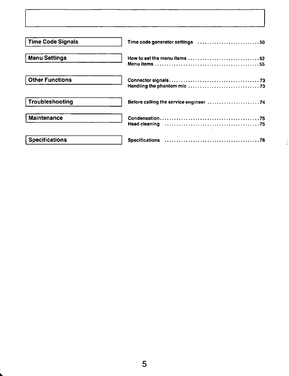 Time code signals, Menu settings, Other functions | Troubleshooting, Maintenance, Specifications | Panasonic AG-DP800HP User Manual | Page 5 / 80