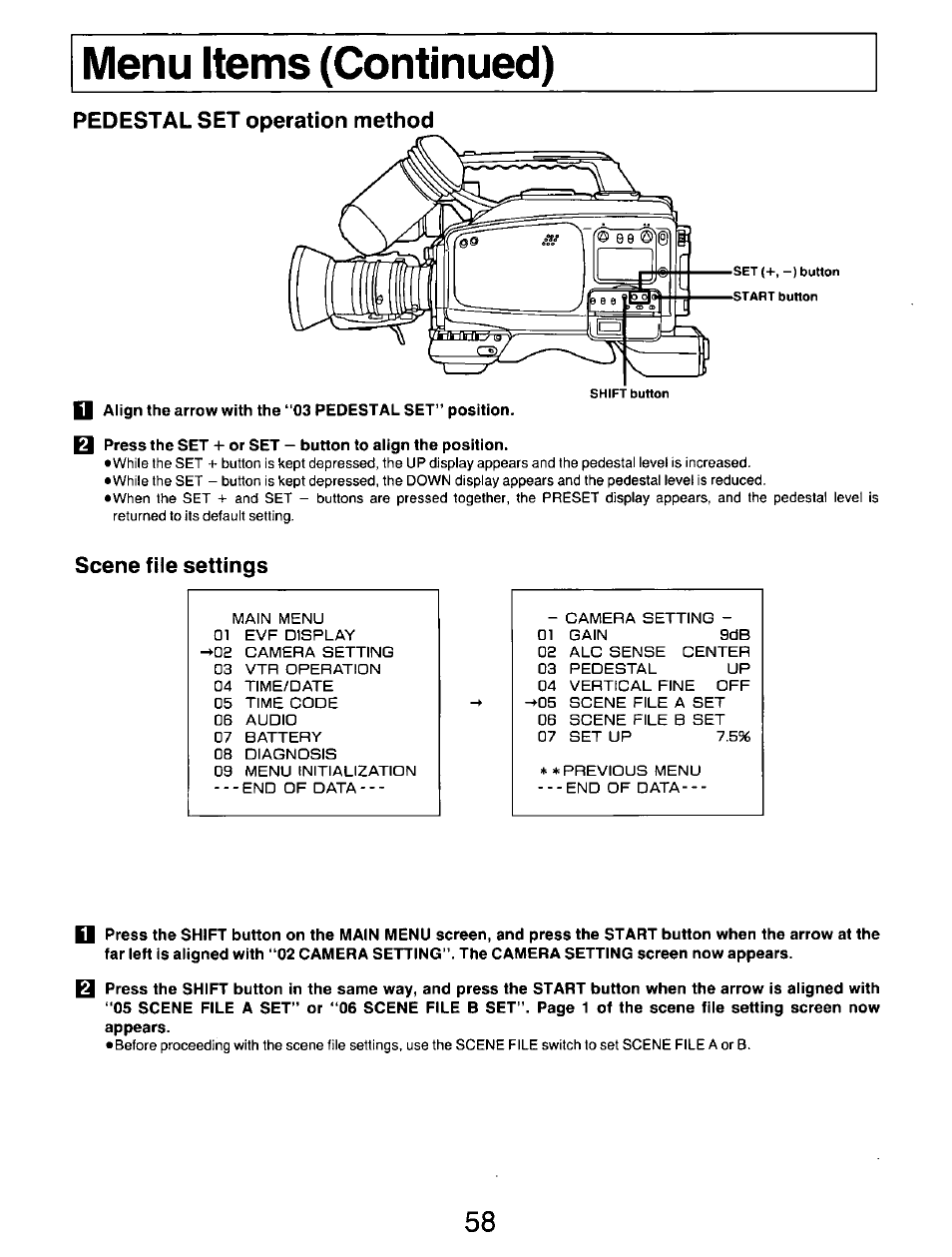 Menu items (continued), Pedestal set operation method, Scene file settings | Pedestal set operation method b | Panasonic AG-DP800HP User Manual | Page 58 / 80