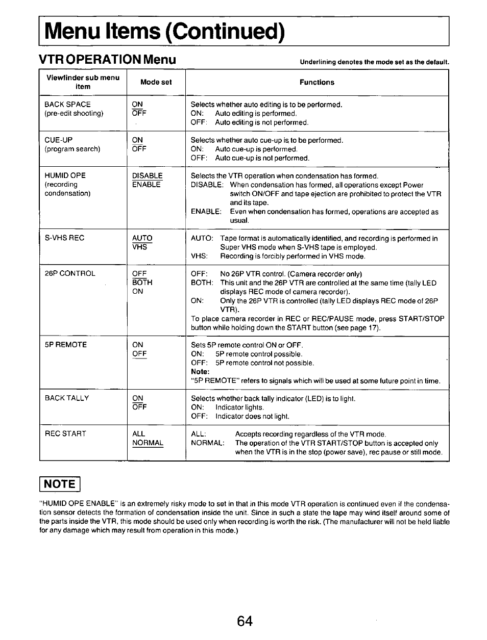 Note, Vtroperation menu | Panasonic AG-DP800HP User Manual | Page 64 / 80