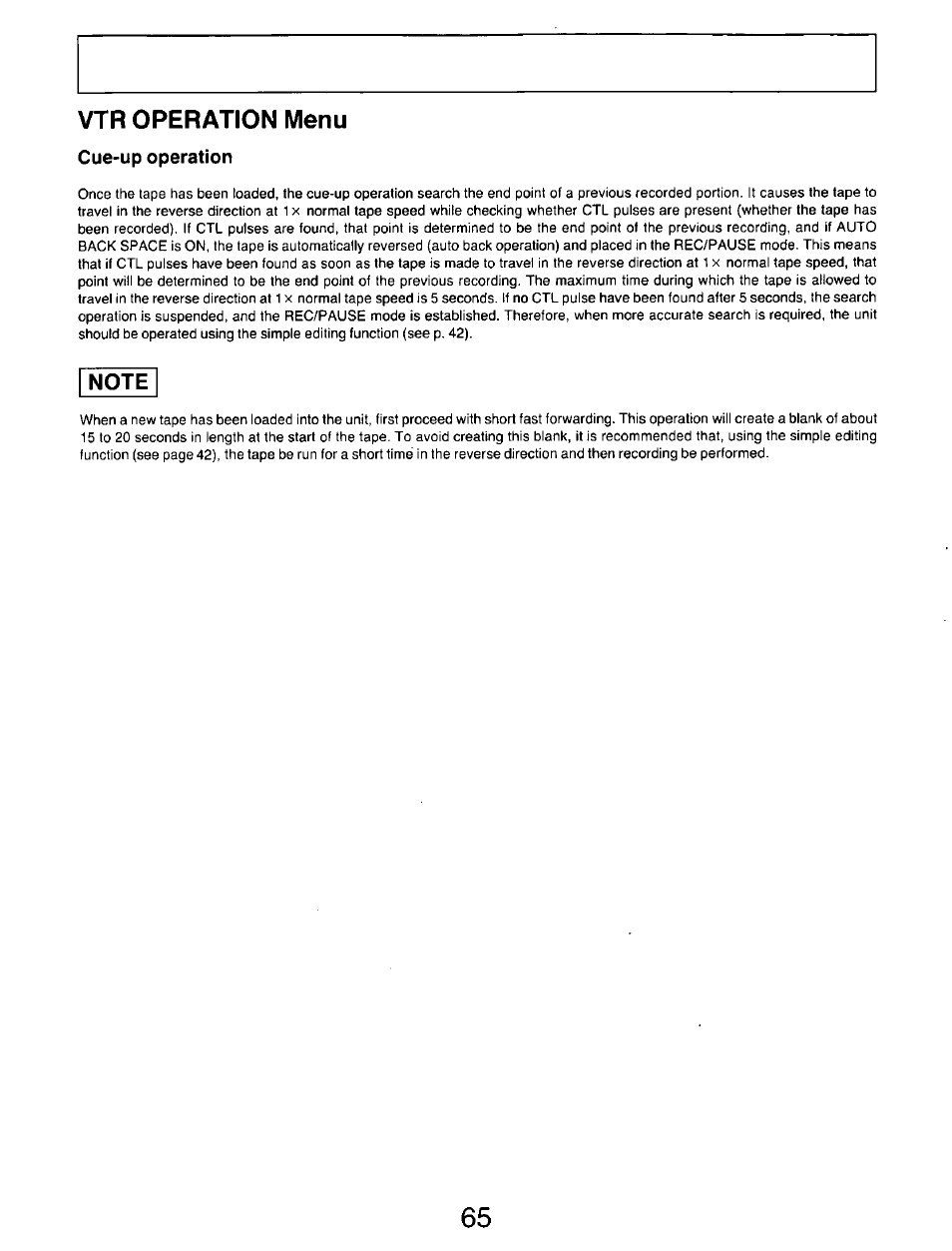Cue-up operation, Vtr operation menu | Panasonic AG-DP800HP User Manual | Page 65 / 80