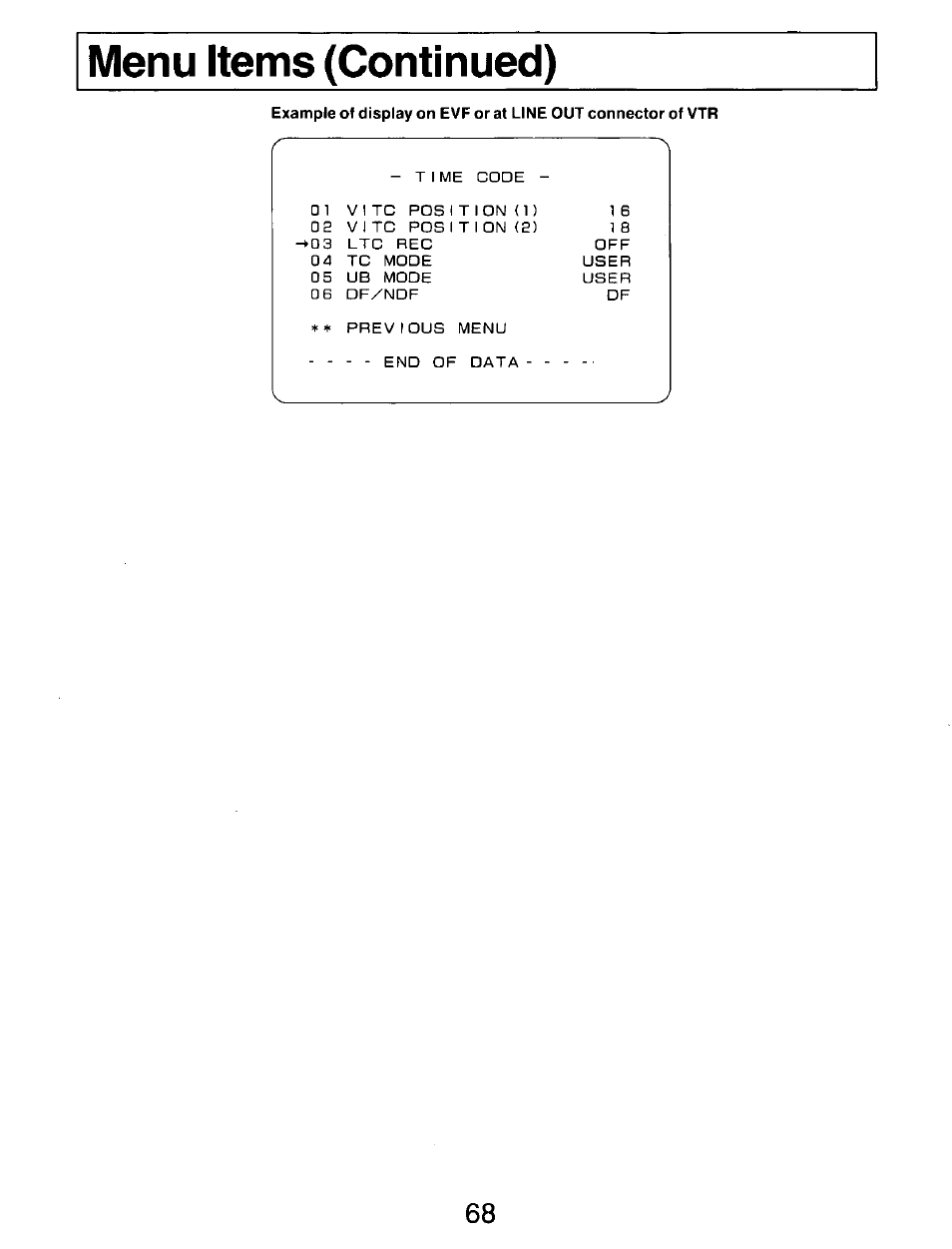 Menu items (continued) | Panasonic AG-DP800HP User Manual | Page 68 / 80