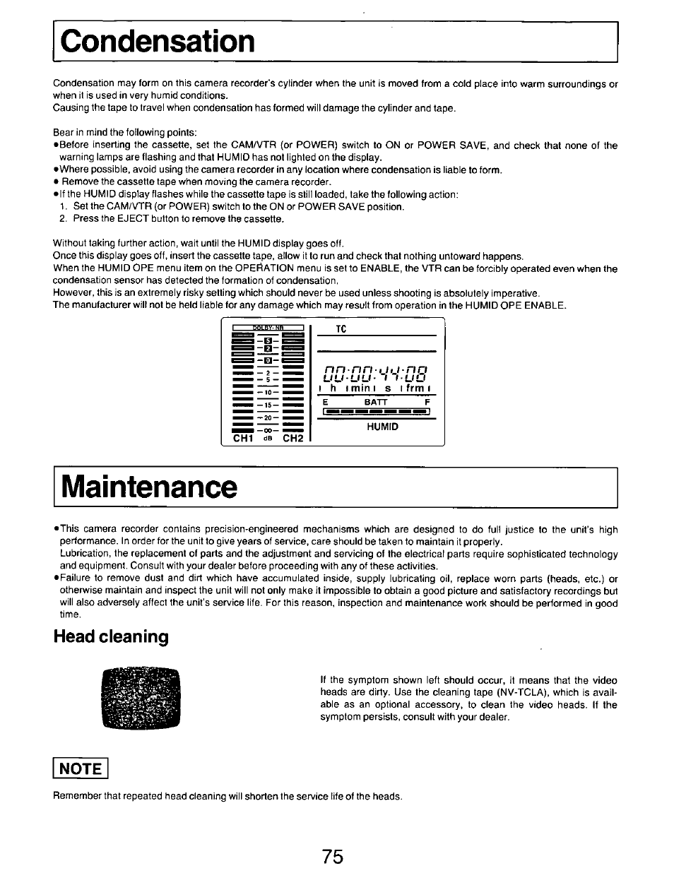 Note, Head cleaning | Panasonic AG-DP800HP User Manual | Page 75 / 80