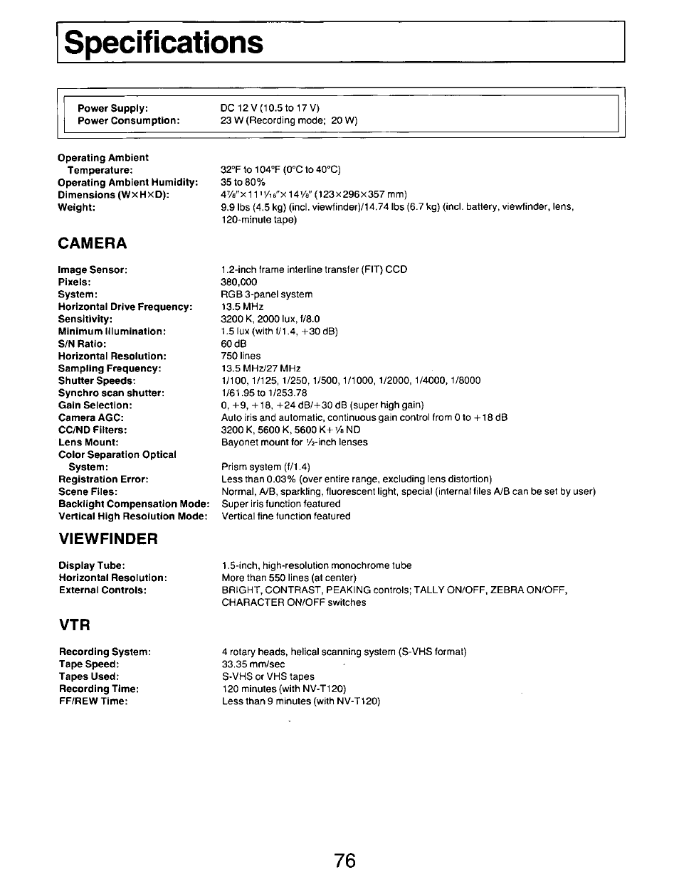 Camera, Viewfinder | Panasonic AG-DP800HP User Manual | Page 76 / 80
