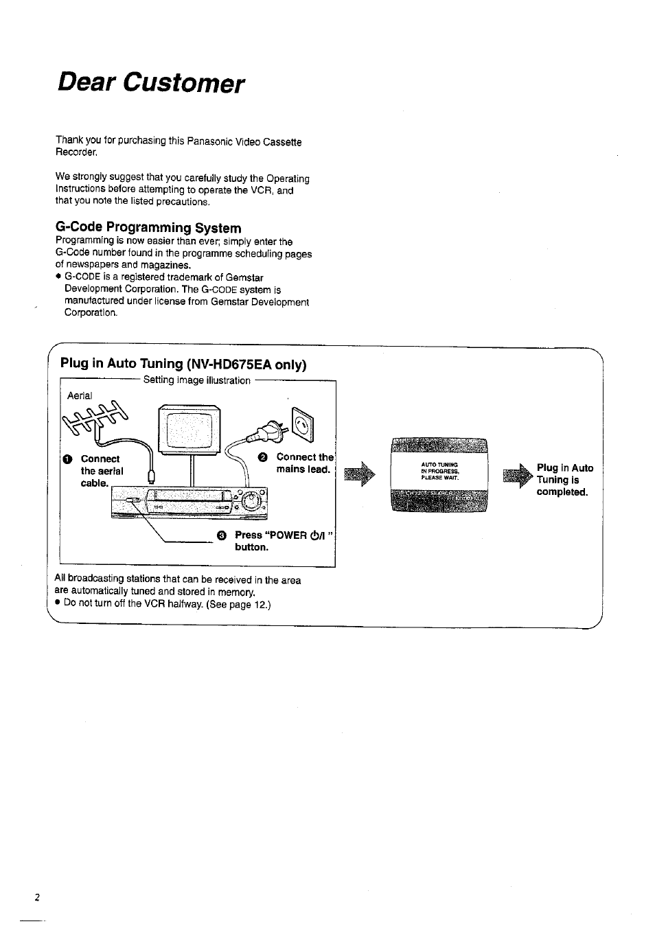 G-code programming system, Plug in auto tuning (nv-hd675ea only), Dear customer | Panasonic NV-HD675 User Manual | Page 2 / 44