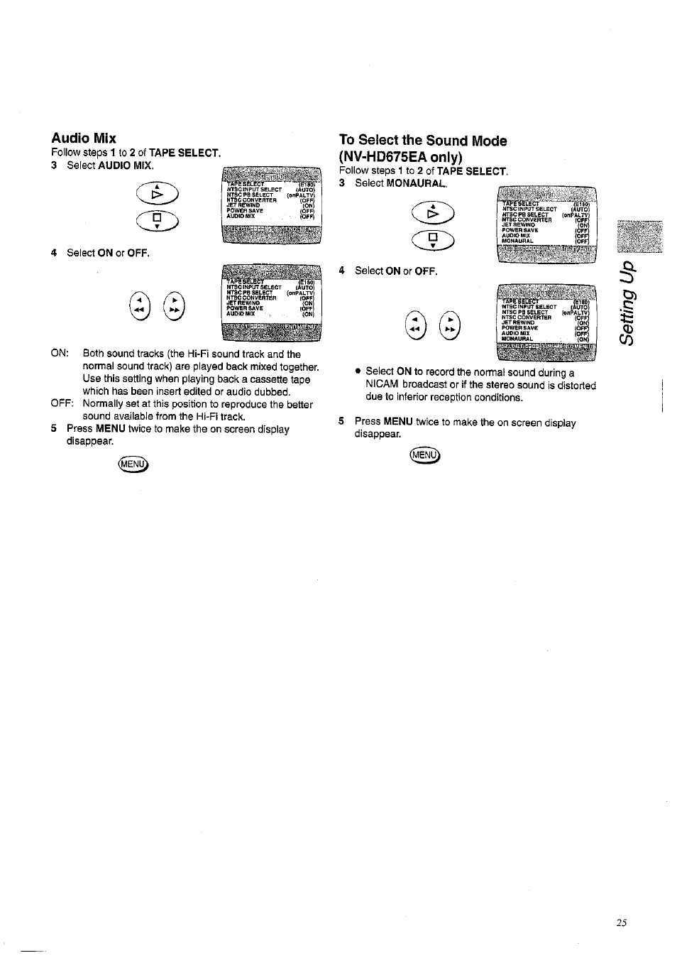 Audio mix, To select the sound mode (nv-hd675ea only) | Panasonic NV-HD675 User Manual | Page 25 / 44