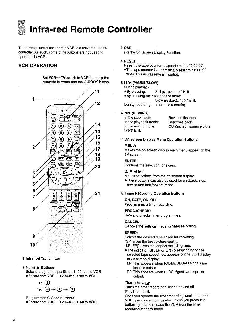 Infra-red remote controller, 2 numeric buttons, 3 osd | 4 reset, 5 ii/»«- (pause/slow), Rewind), 7 on screen display menu operation buttons menu, Enter, 8 timer recording operation buttons, Ch, date, on, off | Panasonic NV-HD675 User Manual | Page 6 / 44