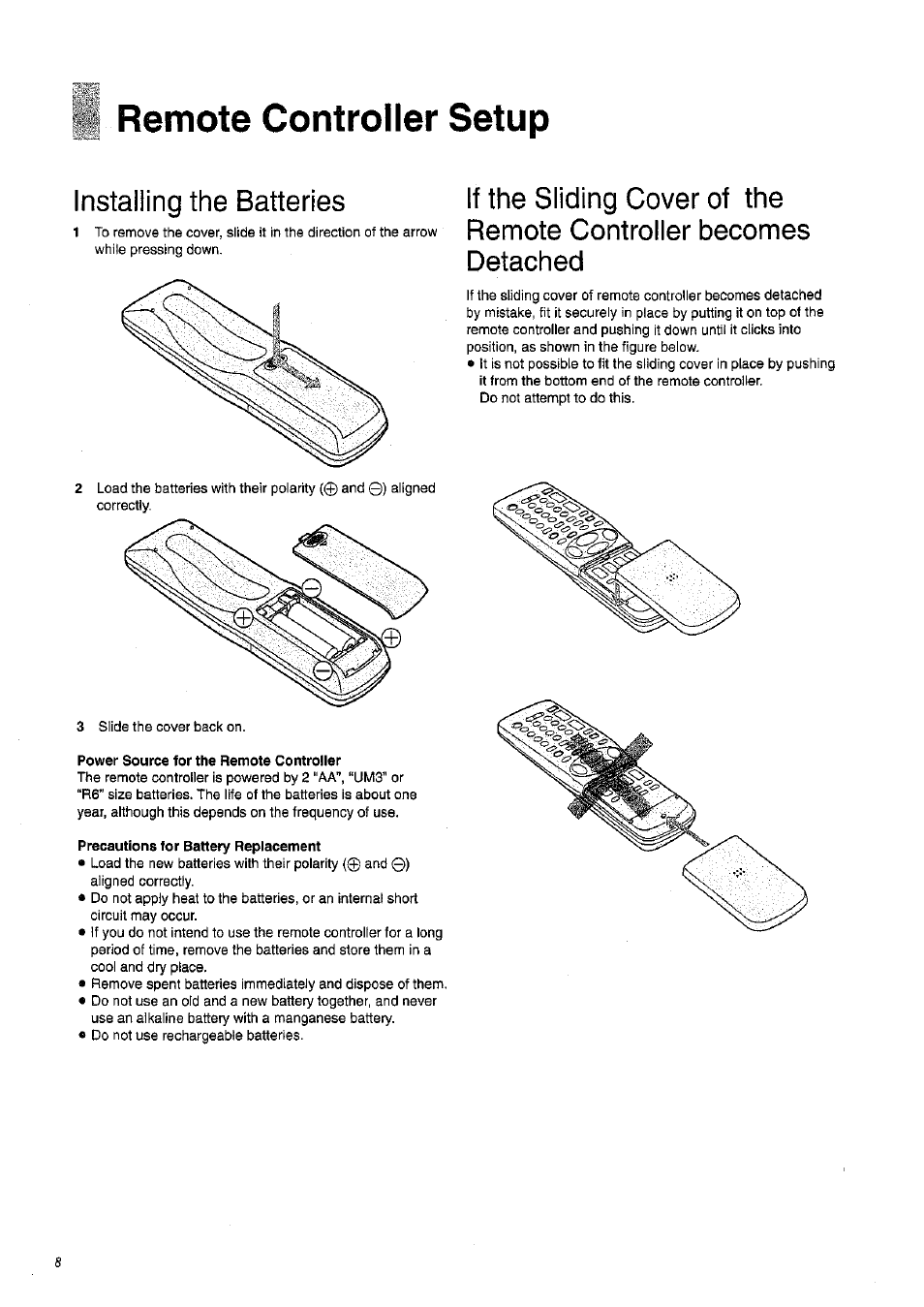 Remote controller setup, Installing the batteries, Power source for the remote controller | Precautions for battery replacement | Panasonic NV-HD675 User Manual | Page 8 / 44