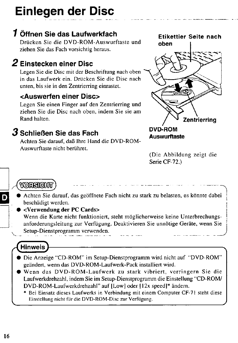 Einlegen der disc 1 | Panasonic CF-VDD721 User Manual | Page 16 / 28