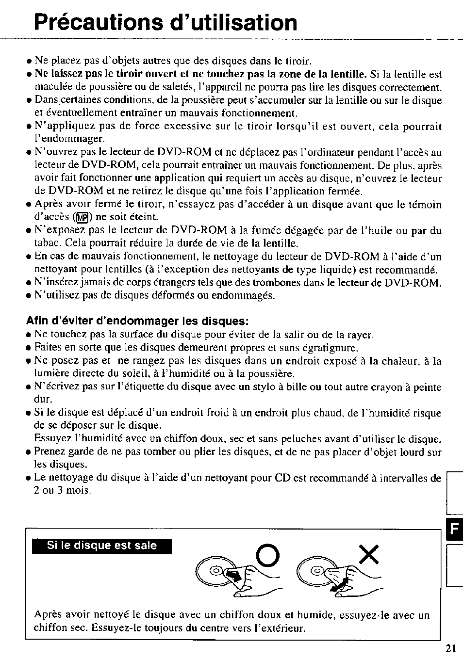 Afin d’éviter d’endommager les disques, Précautions d’utilisation | Panasonic CF-VDD721 User Manual | Page 21 / 28
