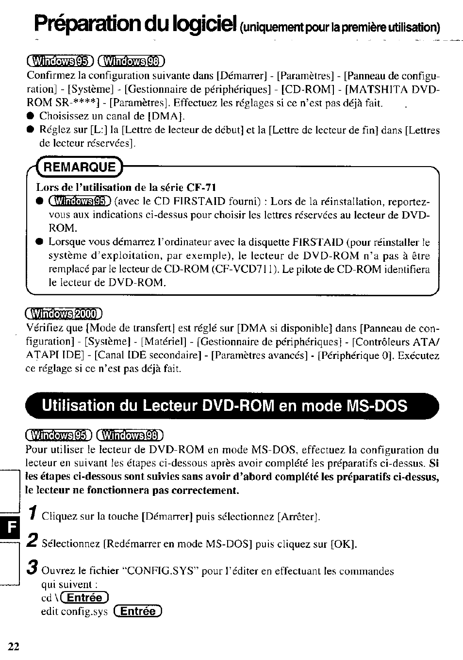 Préparation du logiciel, Utilisation du lecteur dvd-rom en mode ms-dos | Panasonic CF-VDD721 User Manual | Page 22 / 28