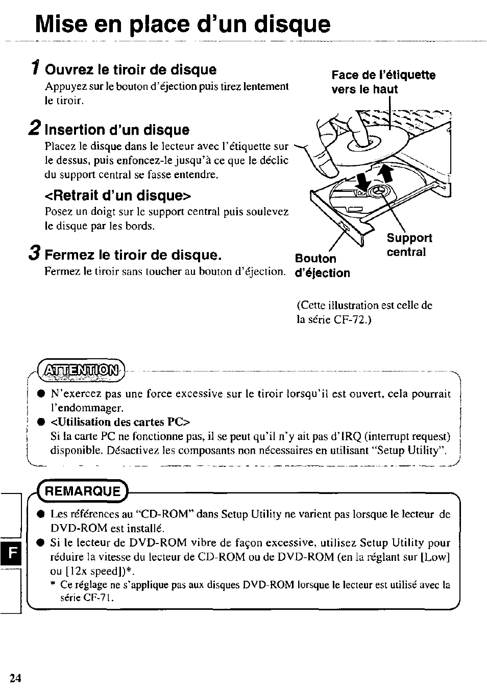 Mise en place d’un disque | Panasonic CF-VDD721 User Manual | Page 24 / 28