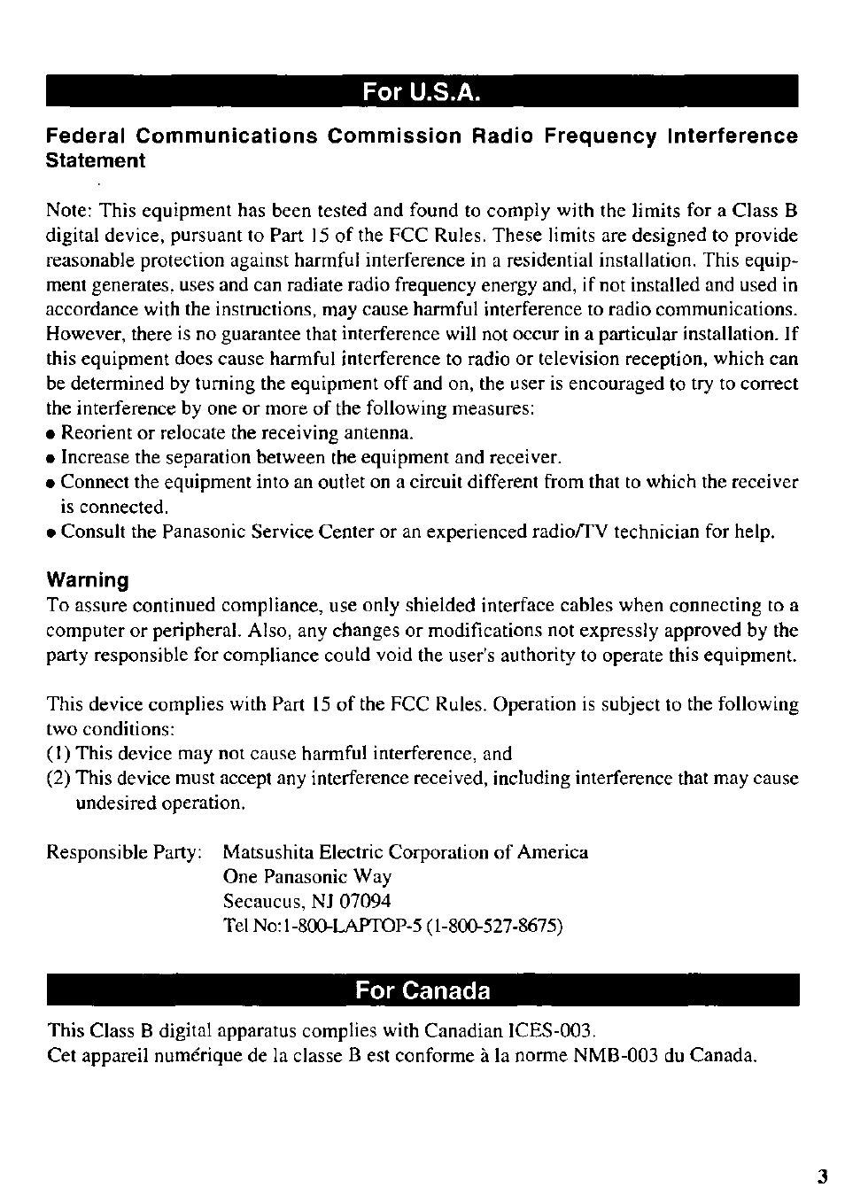 Warning, For u.s.a, For canada | Panasonic CF-VDD721 User Manual | Page 3 / 28