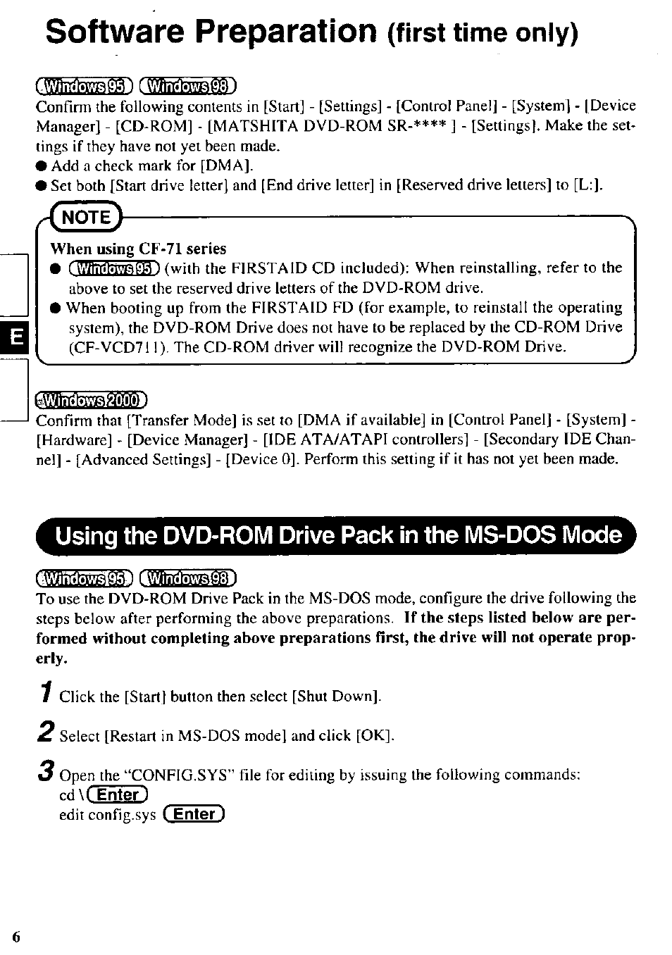 Software preparation, First time only), Using the dvd-rom drive pack in the ms-dos mode | Panasonic CF-VDD721 User Manual | Page 6 / 28