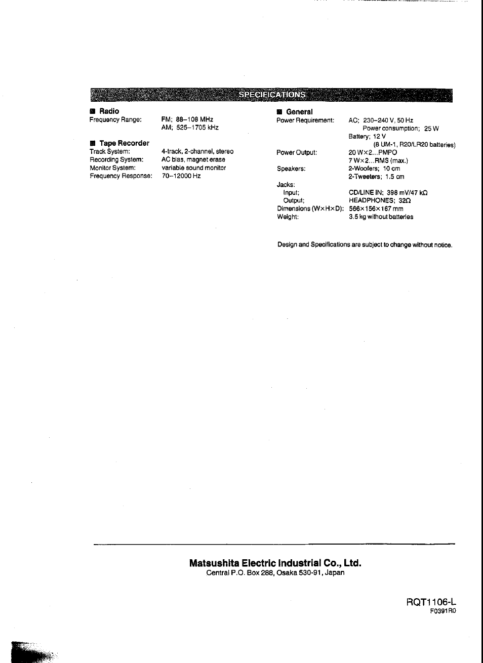 B radío, N tape recorder, B general | Matsushita electric industrial co., ltd, Rqt 1106 -l | Panasonic RX-FT560 User Manual | Page 12 / 12