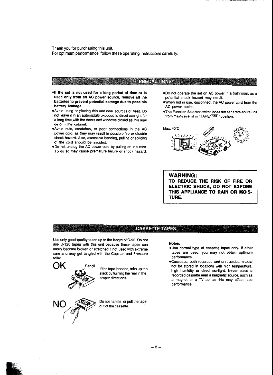 Warning, Cassette tapes | Panasonic RX-FT560 User Manual | Page 2 / 12