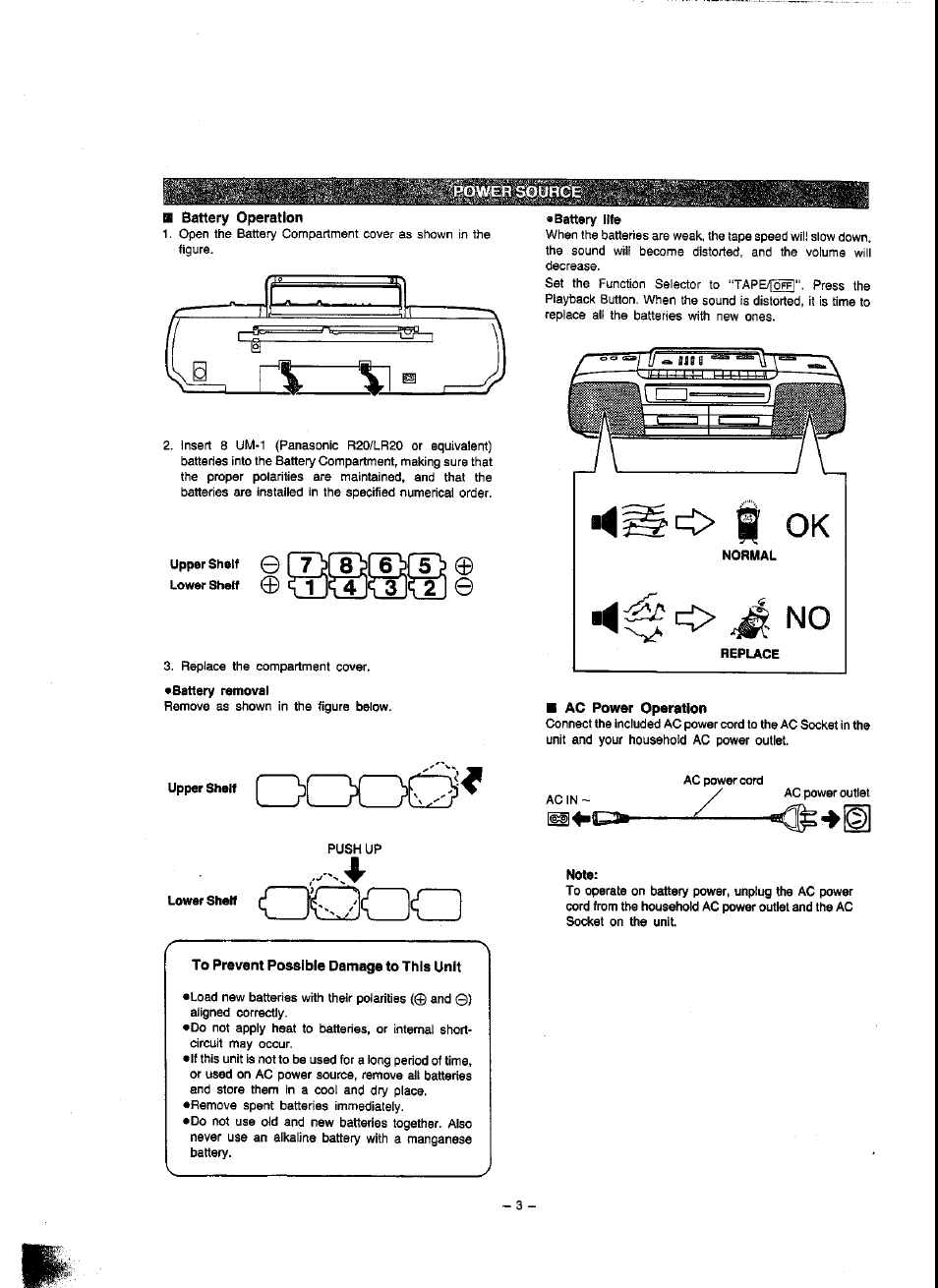 B battery operation, O g ok, J no | B ac power operation, Note, To prevent possible damage to this unit | Panasonic RX-FT560 User Manual | Page 3 / 12