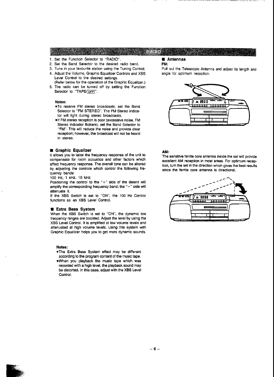 Antennas, N graphic equalizer, B extra bass system | Panasonic RX-FT560 User Manual | Page 6 / 12
