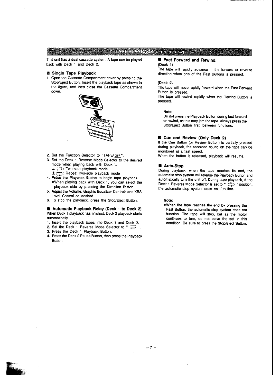 S single tape playback, Automatic playback relay (deck 1 to deck 2), Fast forward and rewind | Cue and review (oniy deck 2), Auto-stop | Panasonic RX-FT560 User Manual | Page 7 / 12