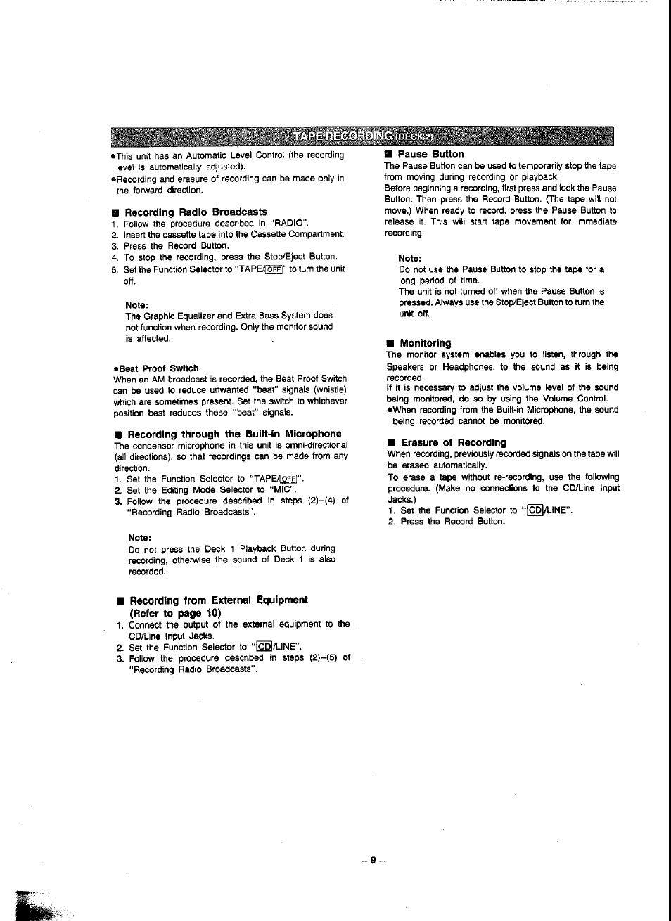 B recording radio broadcasts, B recording through the bummn microphone, Fl pause button | Fl monitoring, B erasure of recording | Panasonic RX-FT560 User Manual | Page 9 / 12