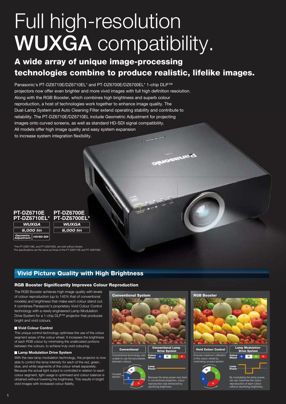 Full high-resolution wuxga compatibility, Vivid picture quality with high brightness | Panasonic PT-DZ6700EL User Manual | Page 2 / 6