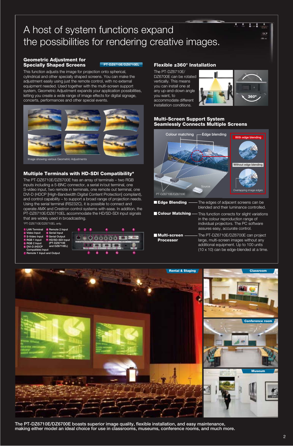 Geometric adjustment for specially shaped screens, Flexible ±360° installation, Multiple terminals with hd-sdi compatibility | Panasonic PT-DZ6700EL User Manual | Page 3 / 6