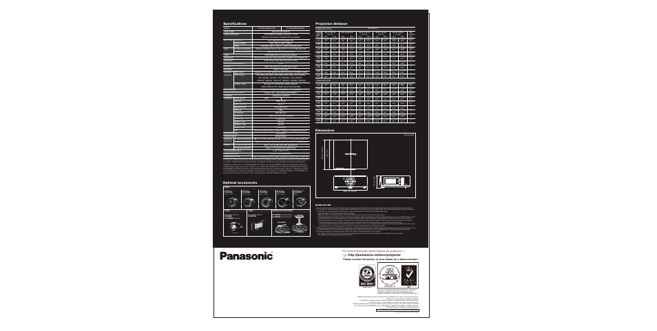 Optional accessories projection distance, Dimensions, Specifications | Panasonic PT-DZ6700EL User Manual | Page 6 / 6