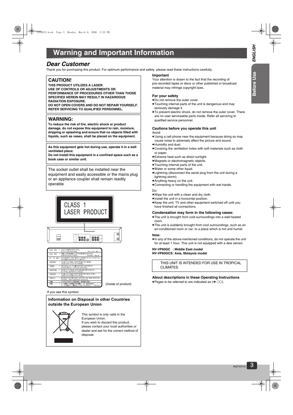 Warning and important information, Dear customer, Bef ore use | Caution, Warning | Panasonic NV-VP60 Series User Manual | Page 3 / 44