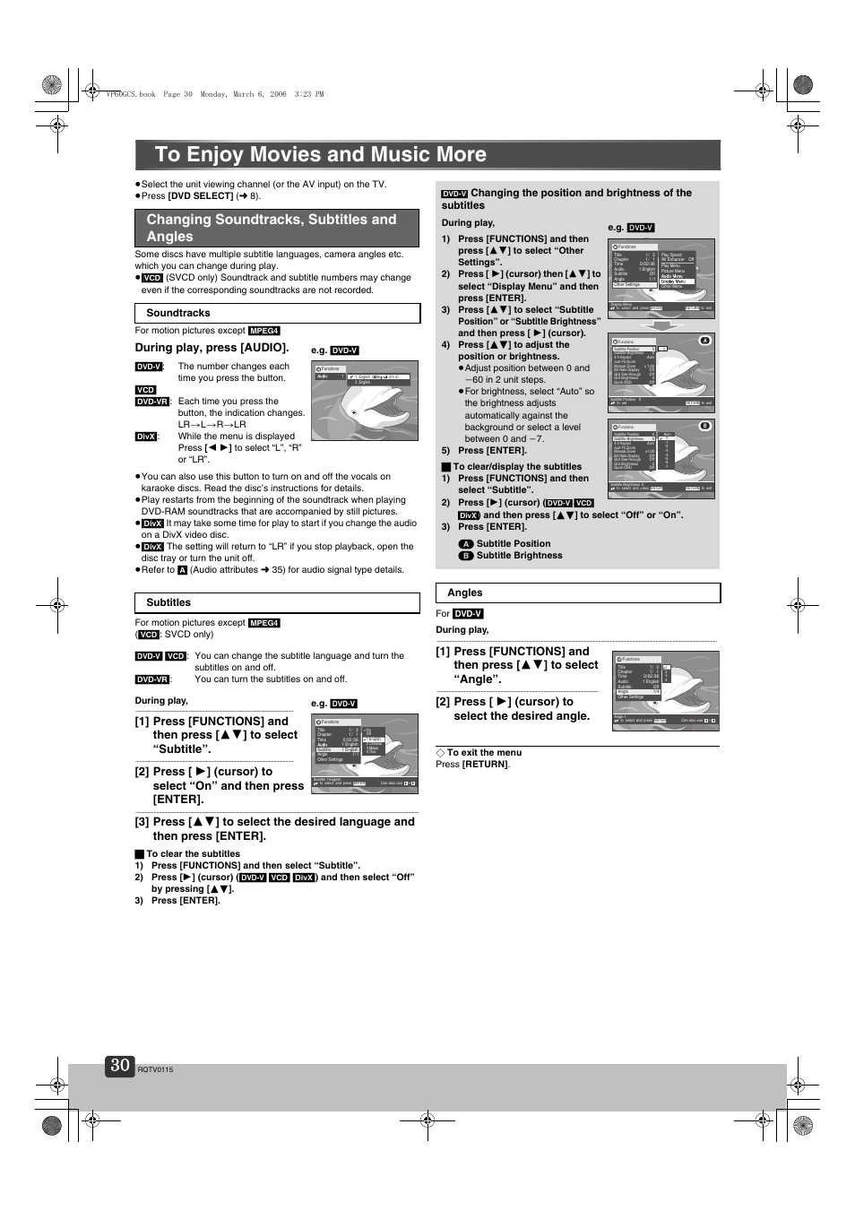 Changing soundtracks, subtitles and angles, During play, press [audio, Dvd-v | Soundtracks subtitles, Angles | Panasonic NV-VP60 Series User Manual | Page 30 / 44