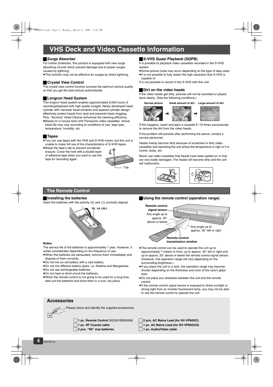 Vhs deck and video cassette information, The remote control, Accessories | Panasonic NV-VP60 Series User Manual | Page 4 / 44