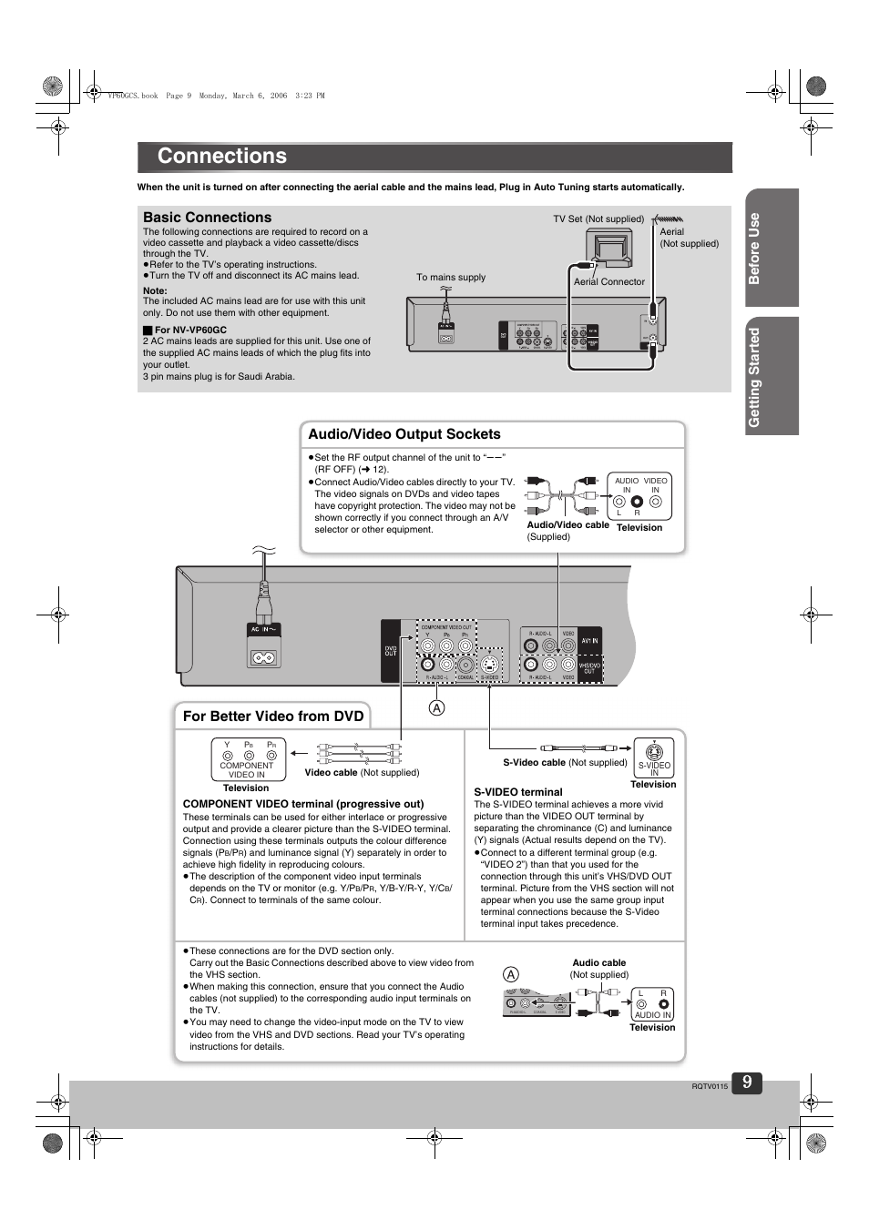 Connections, Getting star ted, Bef ore use | Basic connections, Audio/video output sockets, For better video from dvd | Panasonic NV-VP60 Series User Manual | Page 9 / 44