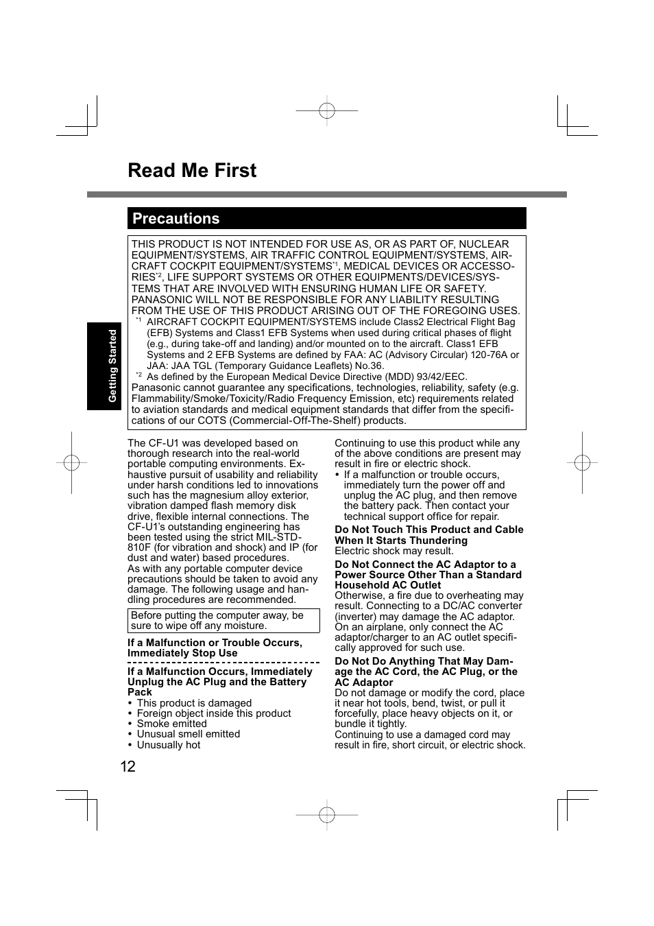 Read me first, Precautions | Panasonic CF-U1 User Manual | Page 12 / 64