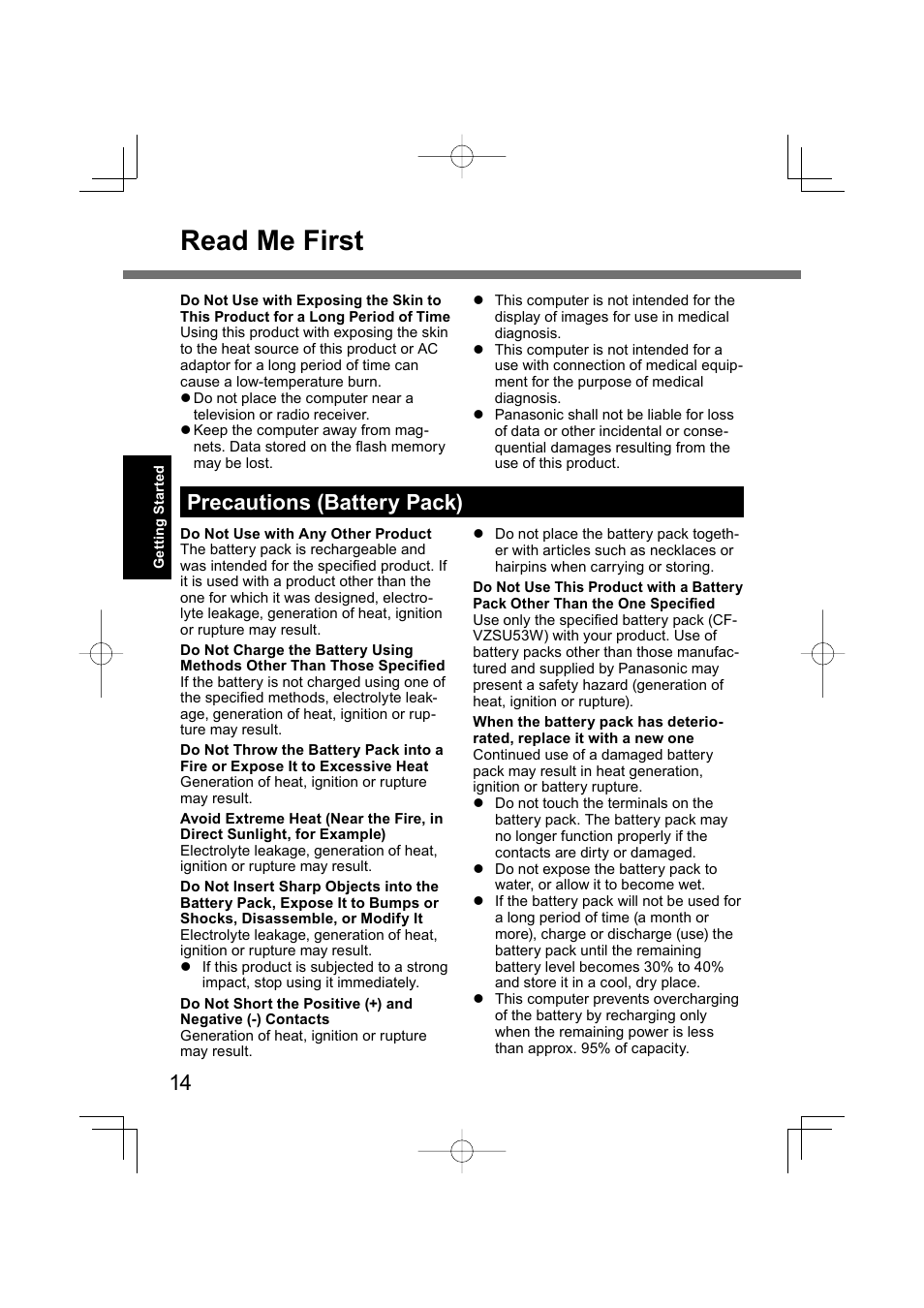 Read me first, Precautions (battery pack) | Panasonic CF-U1 User Manual | Page 14 / 64
