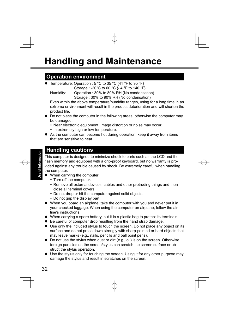 Handling and maintenance, Operation environment, Handling cautions | Panasonic CF-U1 User Manual | Page 32 / 64