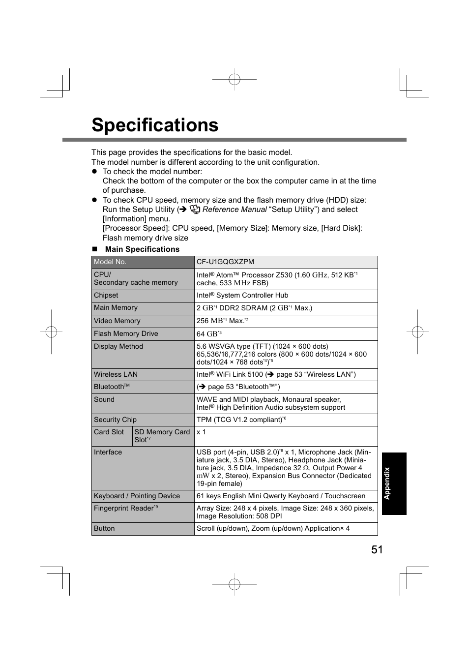 Specifi cations | Panasonic CF-U1 User Manual | Page 51 / 64