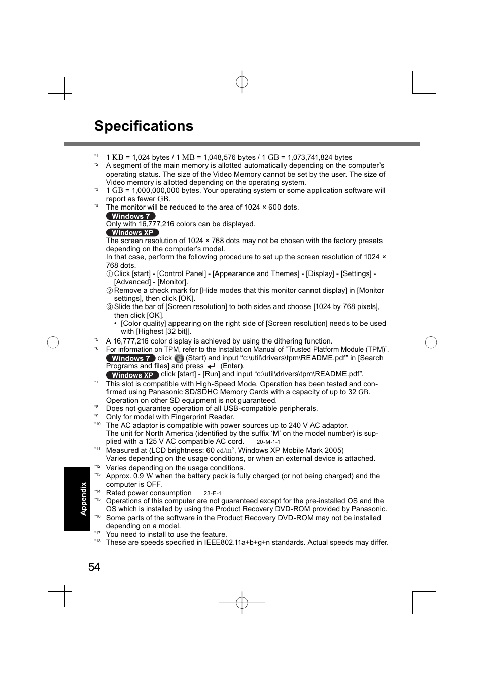 Specifi cations | Panasonic CF-U1 User Manual | Page 54 / 64