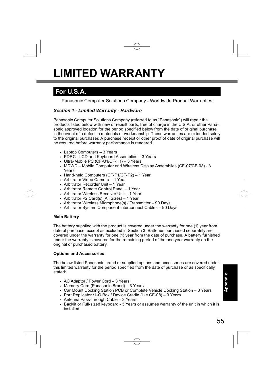 Limited warranty, For u.s.a | Panasonic CF-U1 User Manual | Page 55 / 64