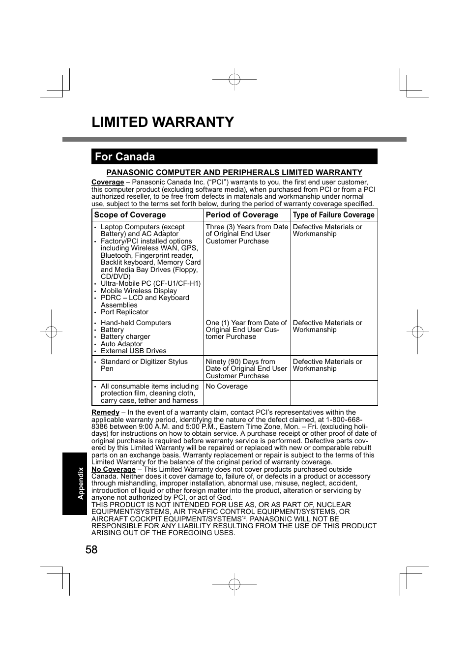 Limited warranty, For canada | Panasonic CF-U1 User Manual | Page 58 / 64