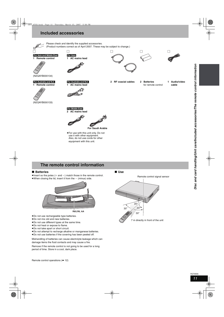 Included accessories, The remote control information | Panasonic DMR-EH67  EN User Manual | Page 11 / 80