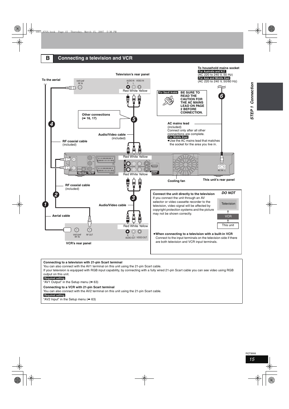 Connecting a television and vcr, Ste p 1 c onne c tion | Panasonic DMR-EH67  EN User Manual | Page 15 / 80