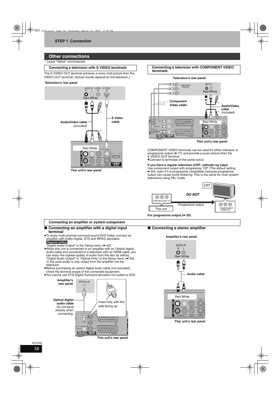 Other connections, Step 1 connection, Connecting a stereo amplifier | Connecting a television with s video terminals, Do not connecting an amplifier or system component, Red white, This unit progressive output | Panasonic DMR-EH67  EN User Manual | Page 16 / 80