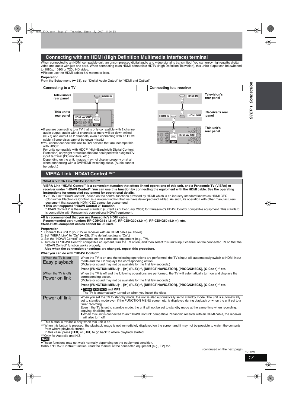 Viera link “hdavi control, Easy playback, Power on link | Power off link, Ste p 1 c onne c tion | Panasonic DMR-EH67  EN User Manual | Page 17 / 80