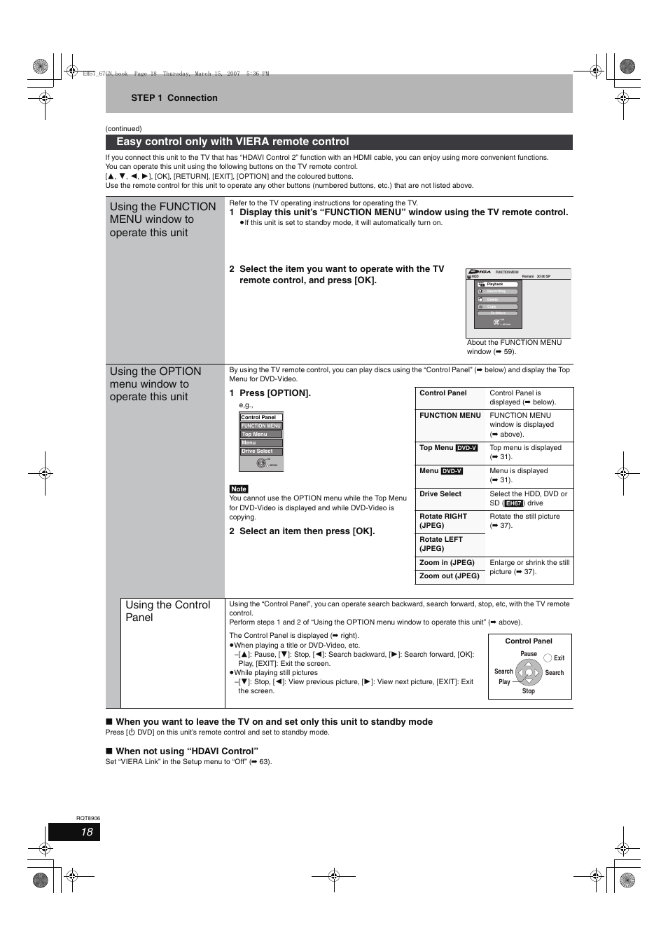 Using the option menu window to operate this unit, Using the control panel, Step 1 connection | When not using “hdavi control, 1 press [option, 2 select an item then press [ok | Panasonic DMR-EH67  EN User Manual | Page 18 / 80