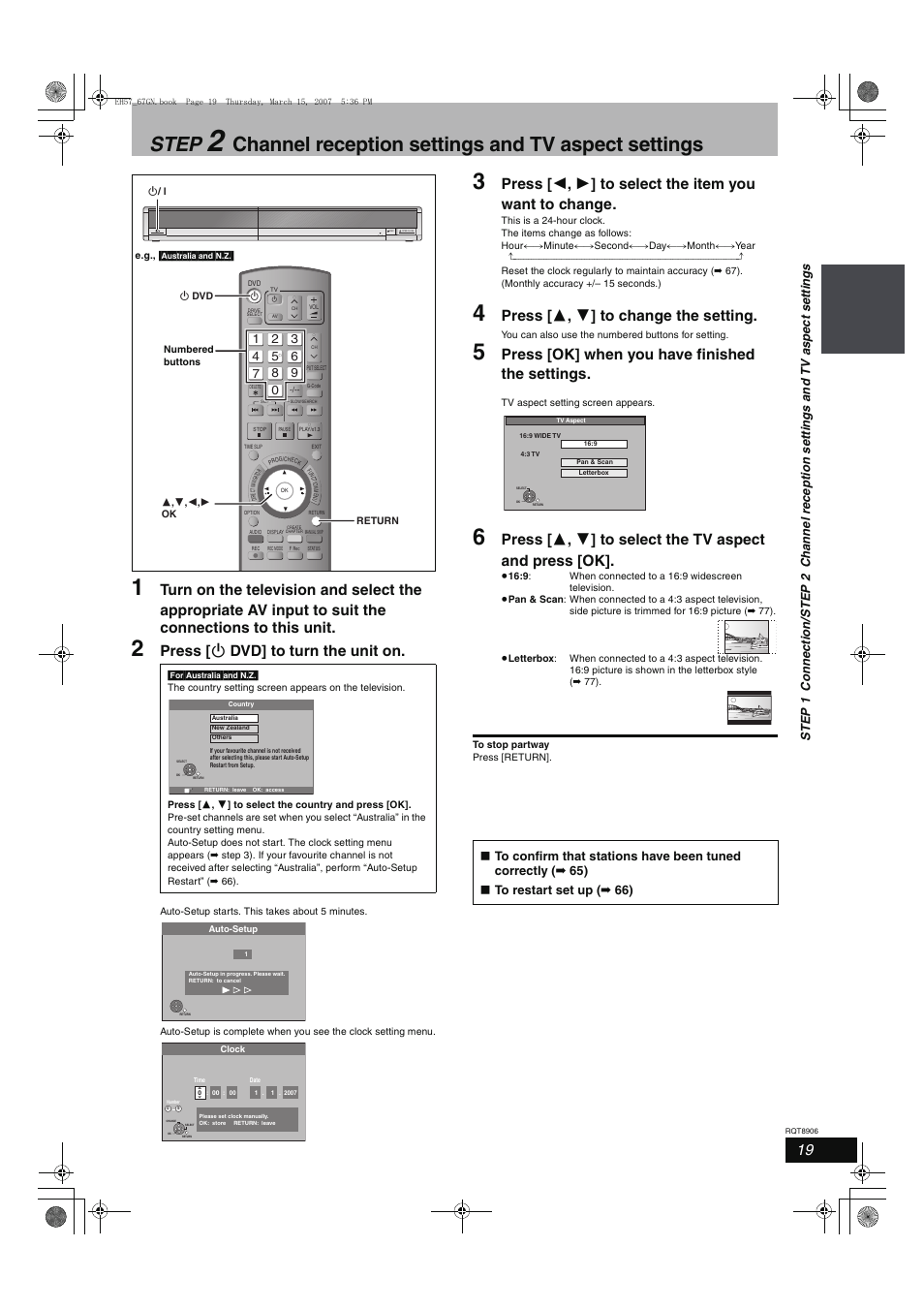 Step, Channel reception settings and tv aspect settings, Press [ í dvd] to turn the unit on | Press [ 3 , 4 ] to change the setting, Press [ok] when you have finished the settings | Panasonic DMR-EH67  EN User Manual | Page 19 / 80