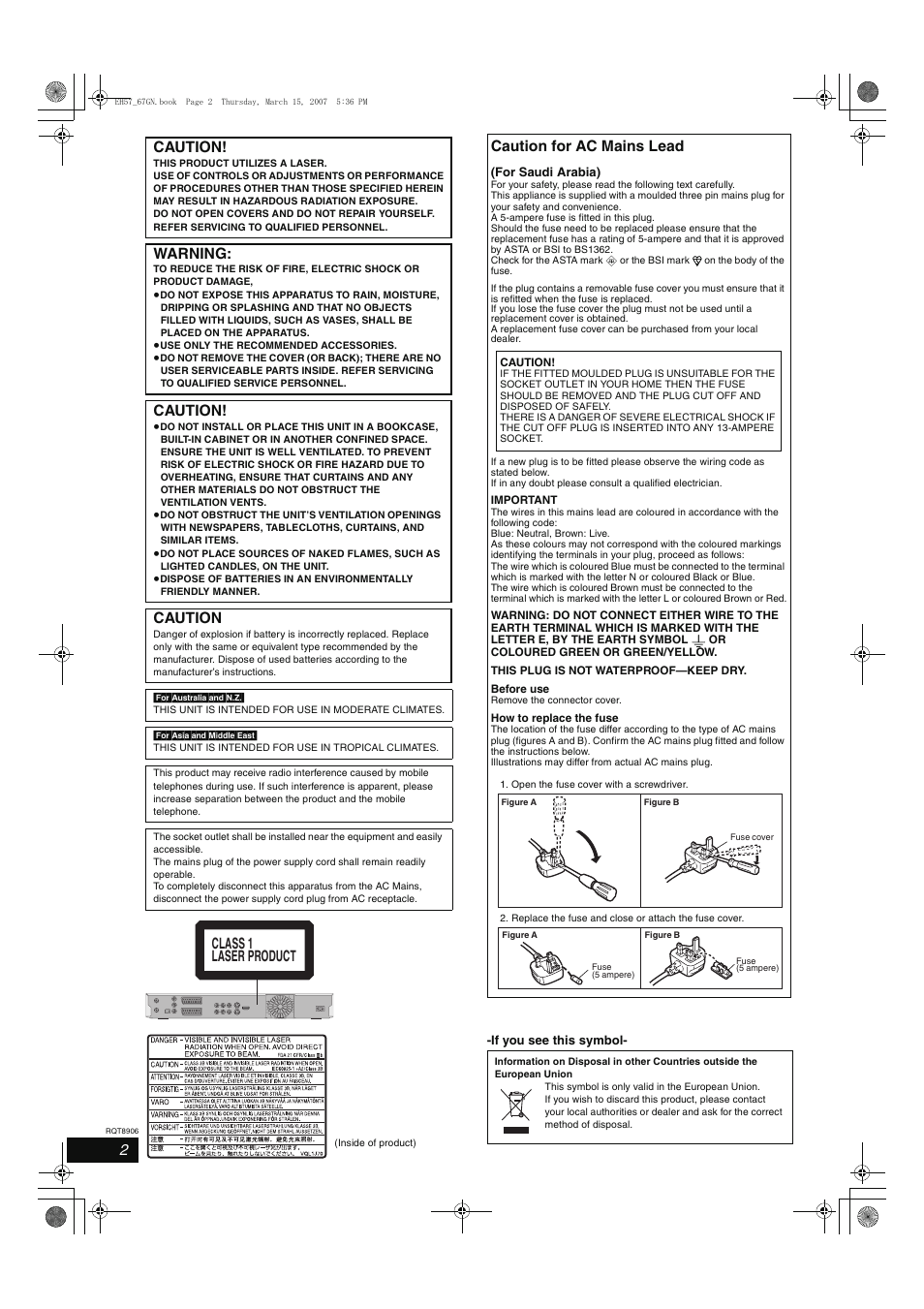 Caution, Warning, Class 1 laser product | Caution for ac mains lead | Panasonic DMR-EH67  EN User Manual | Page 2 / 80