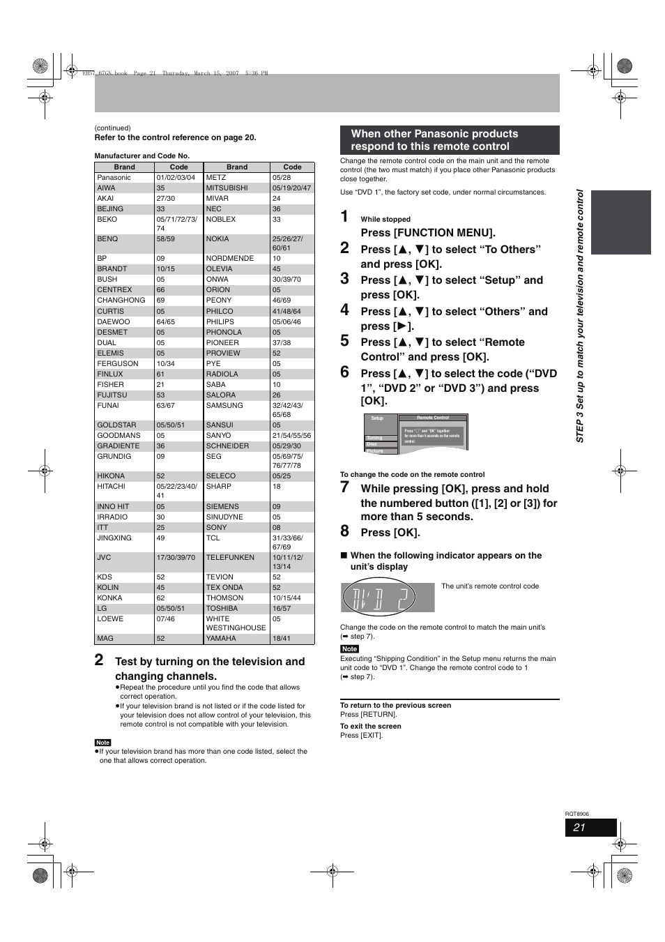 Press [function menu, Press [ 3 , 4 ] to select “setup” and press [ok, Press [ 3 , 4 ] to select “others” and press [ 1 | Press [ok | Panasonic DMR-EH67  EN User Manual | Page 21 / 80