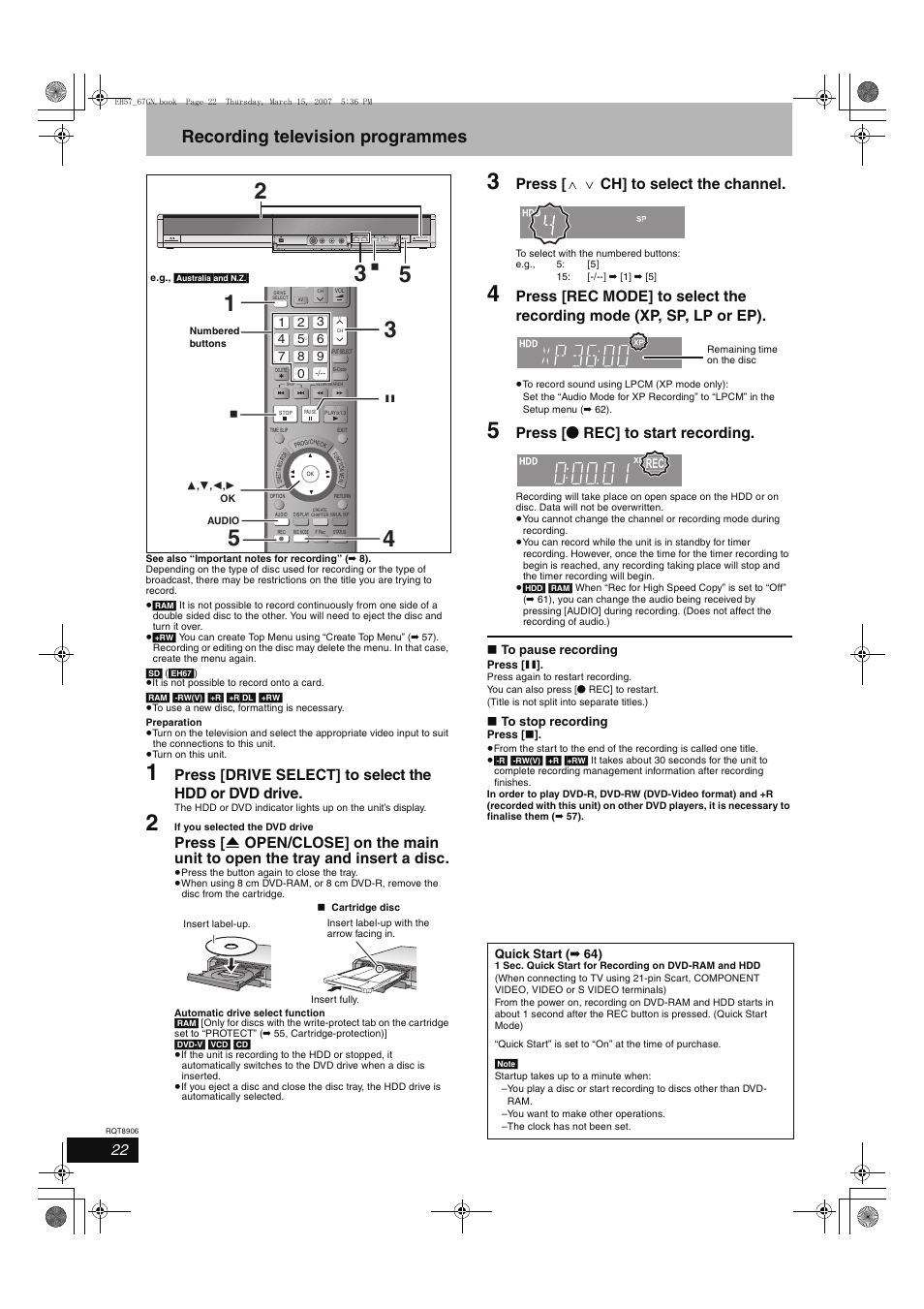 Recording television programmes, Press [ w x ch] to select the channel, Press [ ¥ rec] to start recording | Panasonic DMR-EH67  EN User Manual | Page 22 / 80