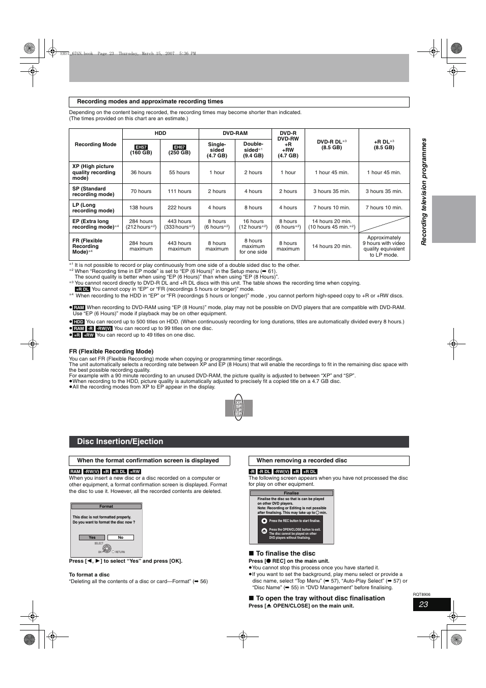 Disc insertion/ejection | Panasonic DMR-EH67  EN User Manual | Page 23 / 80