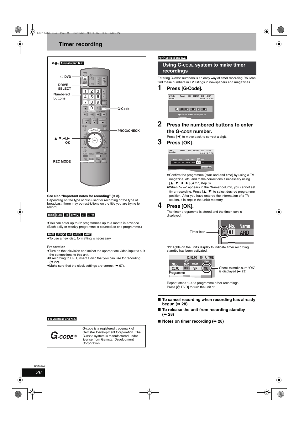 Timer recording, Ard 01, No. name | Press [g-code, Press the numbered buttons to enter the g, Number, Press [ok, Using g, System to make timer recordings | Panasonic DMR-EH67  EN User Manual | Page 26 / 80